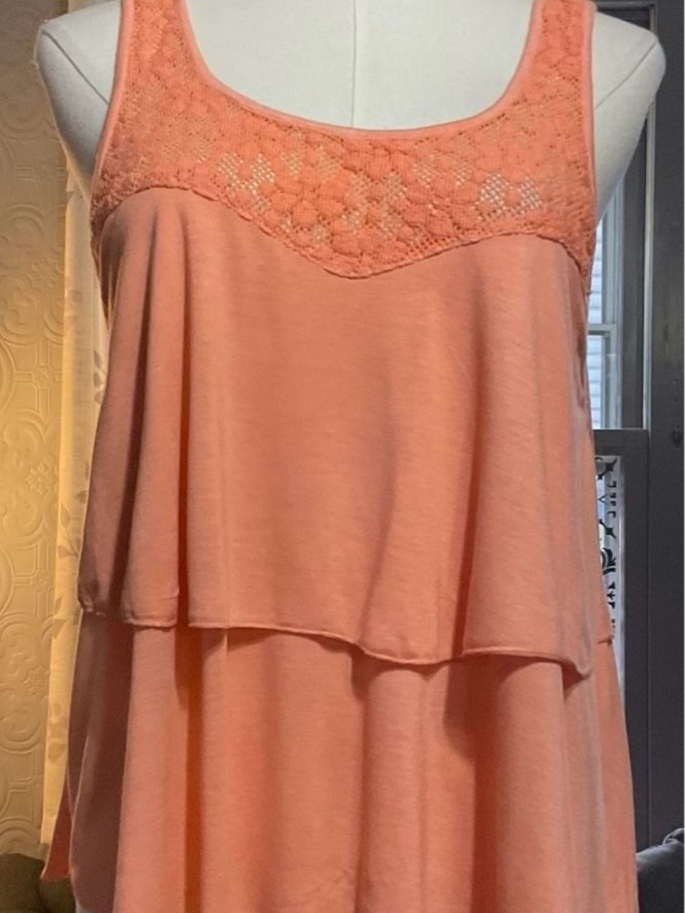 raya sun Peach Lace Yoke Tiered Tank
